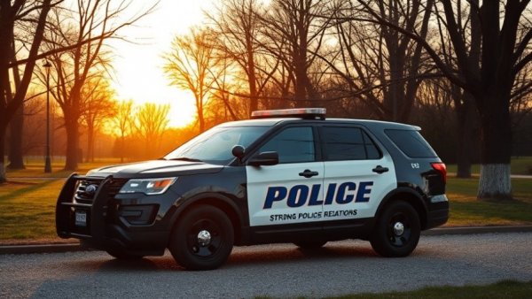 Police SUV in park during sunset emphasizing police community relations