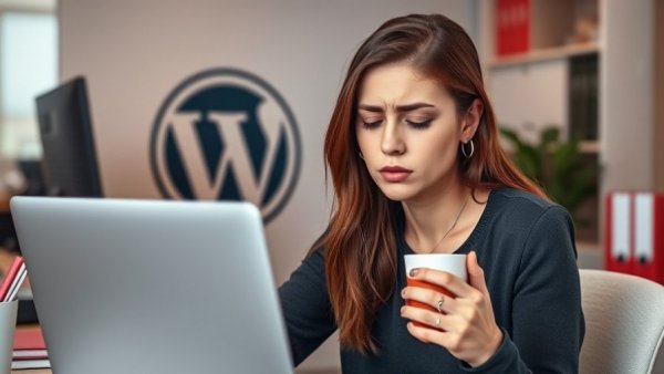 Stressed woman dealing with Rank Math WordPress Plugin Issues at desk