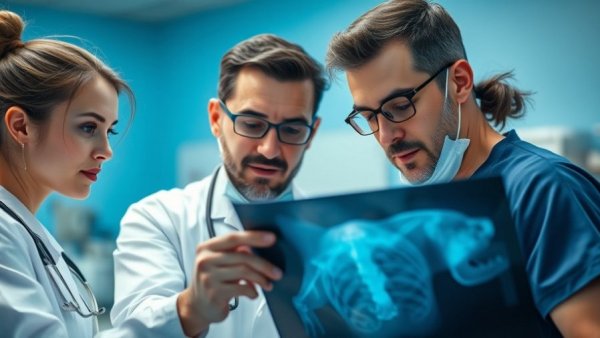 Veterinary professionals evaluating X-ray reflecting accreditation changes
