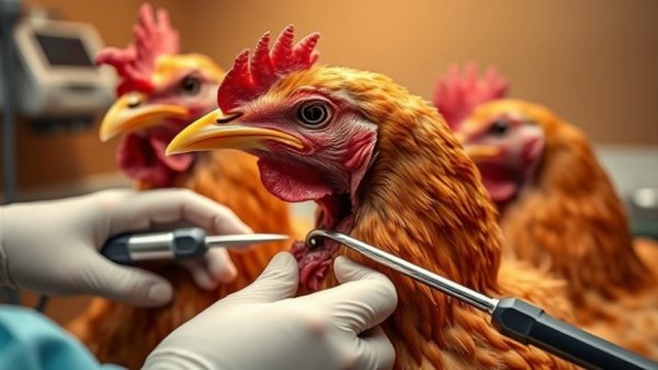 Injured backyard poultry receiving medical treatment for common emergencies.