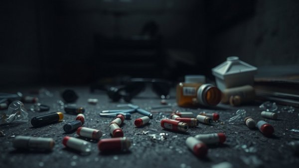 Somber scene showing drug paraphernalia in a dimly lit area.