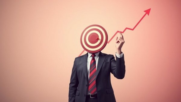 Surreal target-faced figure highlights analytics growth trends.