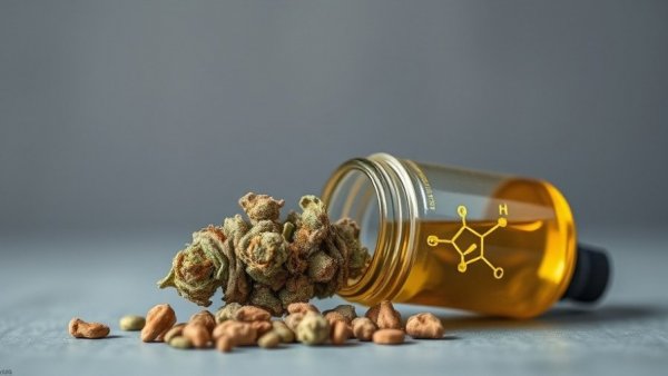 Cannabigerol molecule overlay on cannabis buds and CBG oil
