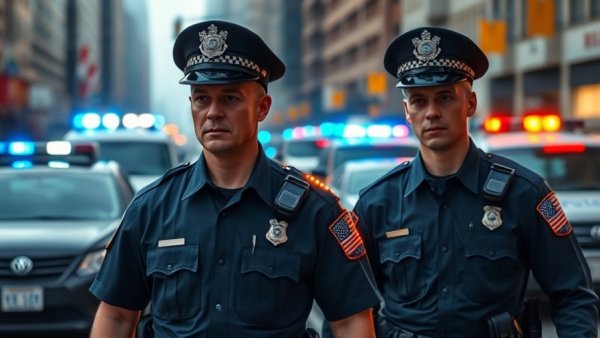 Police reform and community safety scene with officers and vehicles