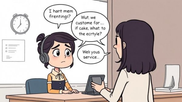 Humorous cartoon of customer service interaction at desk.