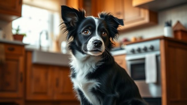Black and white dog sitting in kitchen, attentive.