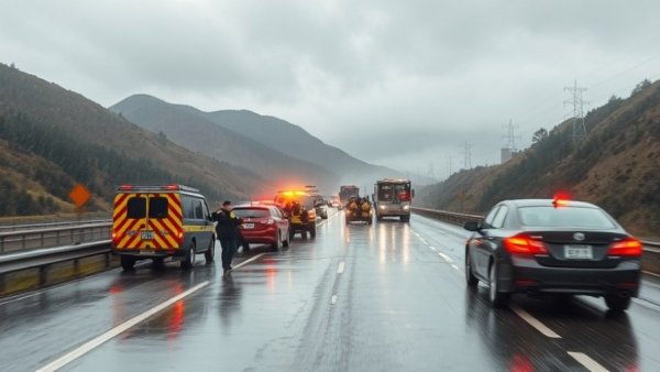 Accident scene with responders using public safety tech on rainy highway.