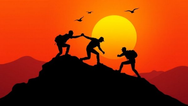 Silhouette of two people helping on mountain at sunset, law enforcement concept.