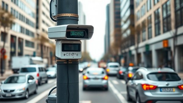 Automated license plate reader scanning vehicles in urban setting.