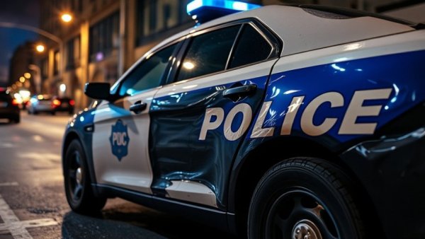 Damaged police car with emergency 911 marking at night, police news.