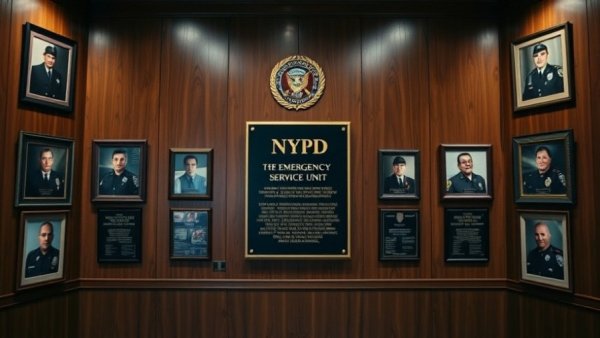 NYPD Emergency Service Unit Memorial wall with plaques and photos.