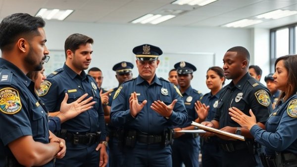 Police officers in de-escalation training session