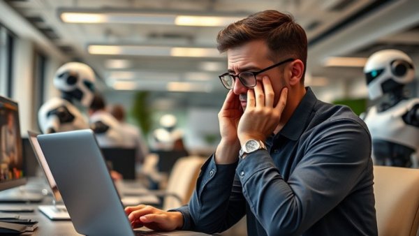 Worried man working with AI robots in modern office