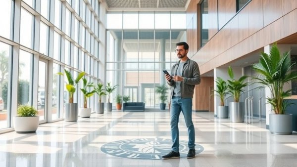 An individual stands in a police department lobby with modern decor and natural lighting.