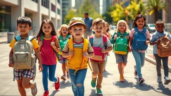 Colorful backpacks on children in a group, highlighting early childhood education benefits outdoors.