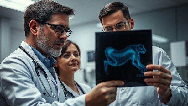 Veterinary professionals analyzing X-ray in clinical setting, Veterinary Industry Trends.
