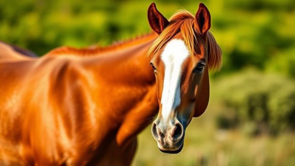 Majestic chestnut horse in sunlit field for equine joint therapy.