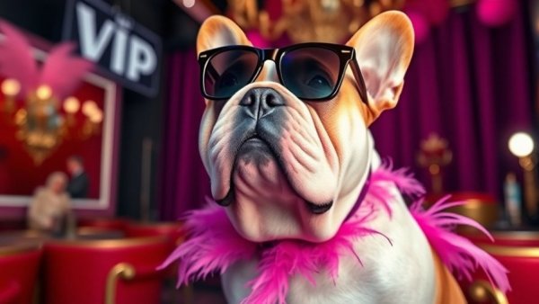 Engaging Veterinary Clinic Events with a bulldog in sunglasses and pink feathers.