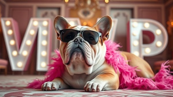 VIP bulldog dressed up highlighting client engagement at veterinary events.