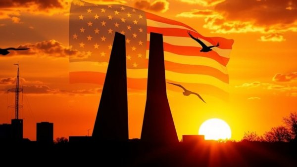 Silhouetted towers with birds during sunset, American flag overlay