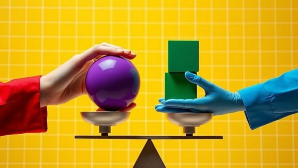 Collage hands balancing sphere and cube on scale, Disallow AI Training.