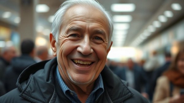 Elderly man smiling, bright venue setting, black attire