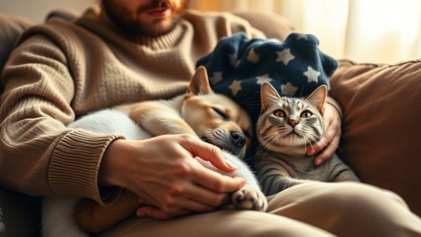 Person cuddling a dog and cat on a couch, illustrating pets' influence on decisions.