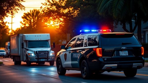 Police SUV and truck interaction with blue lights during sunset