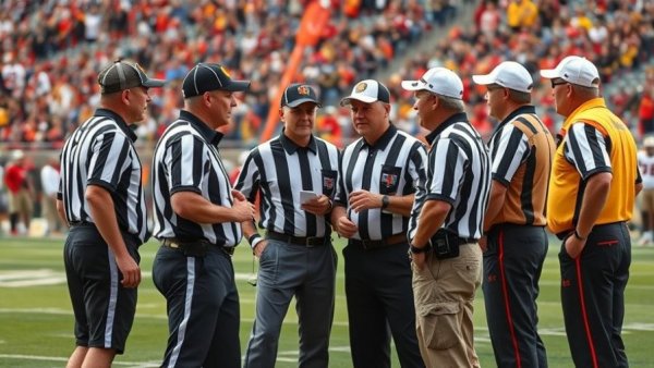 Referees and coaches discussing on football field, lively game scene.