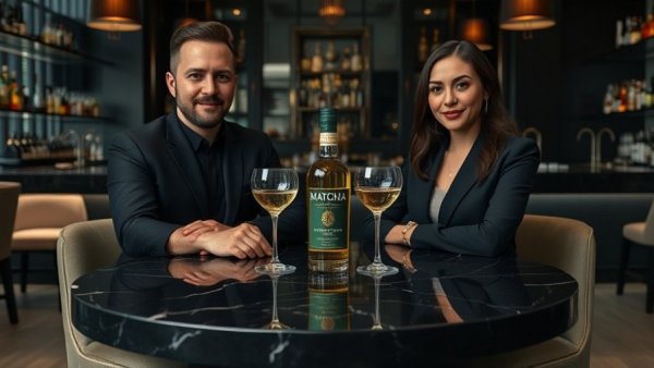 Confident duo with matcha liqueur bottle, sleek bar setting.