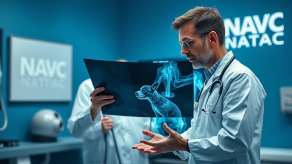 Veterinarians examining X-ray with small dog and NAVC logo, blue theme.