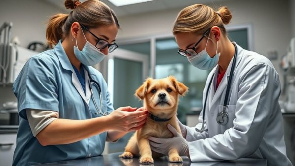 Veterinarians examining a dog in a clinic highlighting veterinary care access initiative.