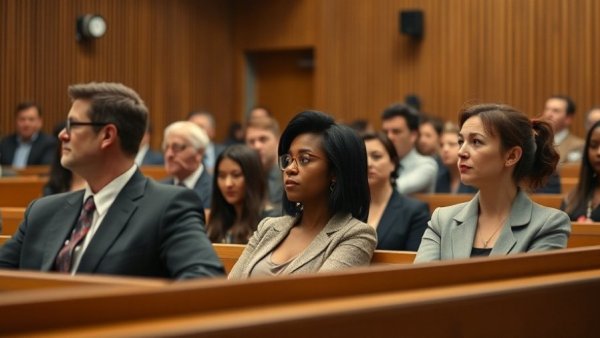 Courtroom scene with attentive individuals and modern decor