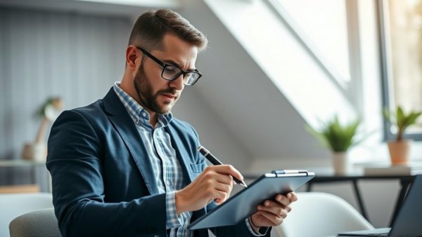 Professional in modern office using tablet for Google AI Payment Pilot.