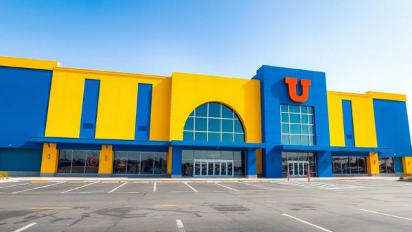 Modern blue and yellow IKEA store building under clear sky.