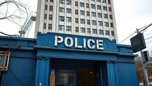 Old police station entrance in urban setting representing nonviolent 911 call diversion.