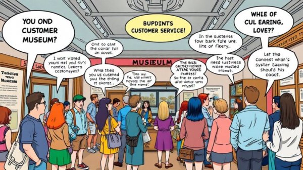 Humorous cartoon in a museum with outdated customer service sayings.