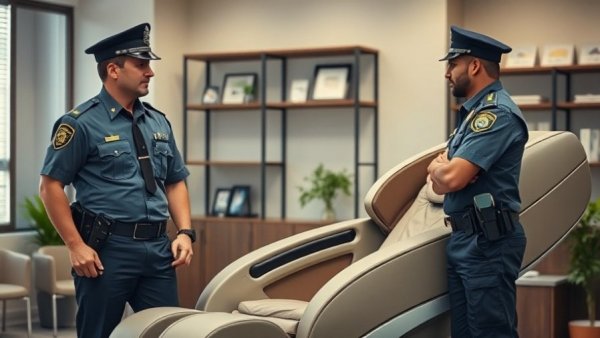 Officers discussing wellness in an office with a massage chair.
