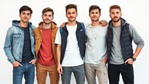 Trendy young men in streetwear fashion posing confidently.