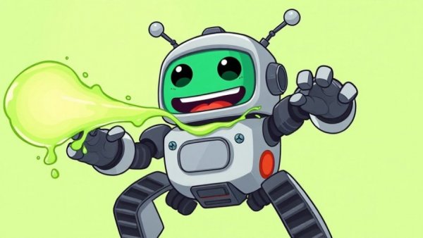 Cartoon robot humorously expelling green liquid, whimsical style