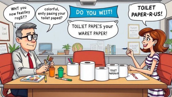 Funny cartoon of business meeting on toilet paper sales strategy.