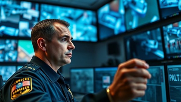 Officer analyzing data in police command center, connecting dots in law enforcement