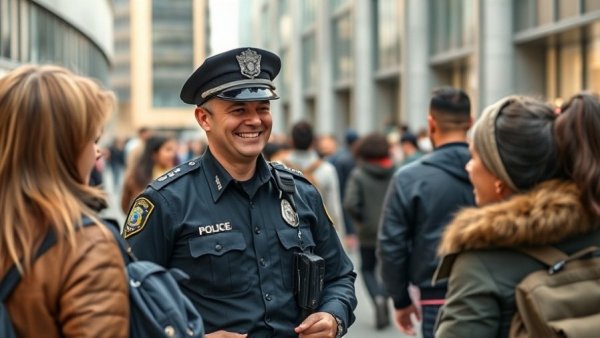 Smiling officer talks with community, enhancing public trust in AI.