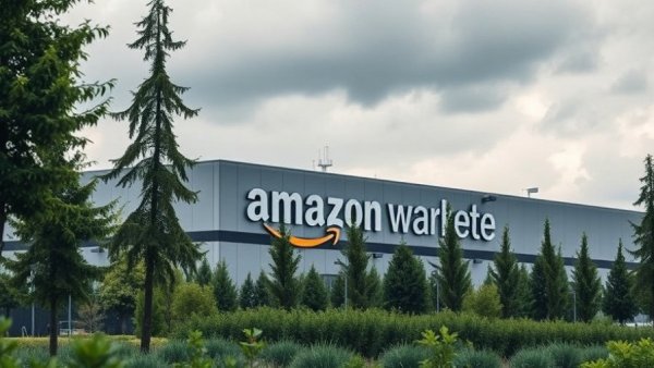 Amazon warehouse building with greenery in foreground