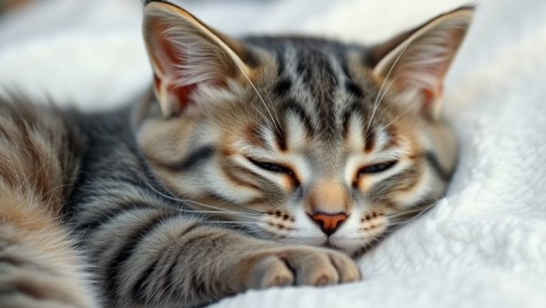Gray tabby cat with yellow eyes resting quietly on a white blanket, illustrating calmness.