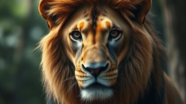 Majestic lion with intense gaze in natural light.