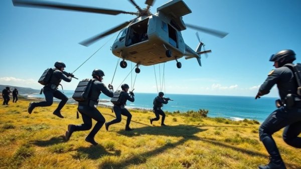 Purpose-built policing helicopter operation with officers rappelling