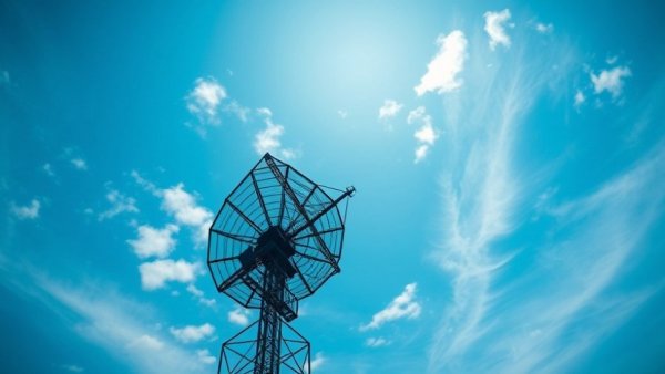 Satellite dish stands against a blue sky, symbolizing invisible leadership in law enforcement.