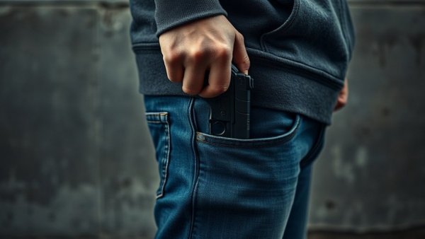 Person concealing gun in jeans pocket against urban backdrop.