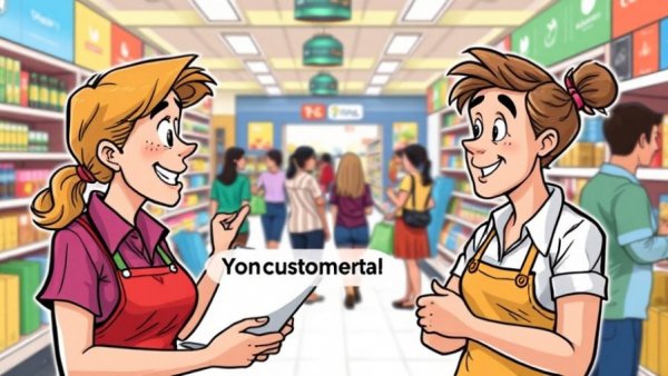 Cartoon discussing customer retention strategies with clerks in a store.